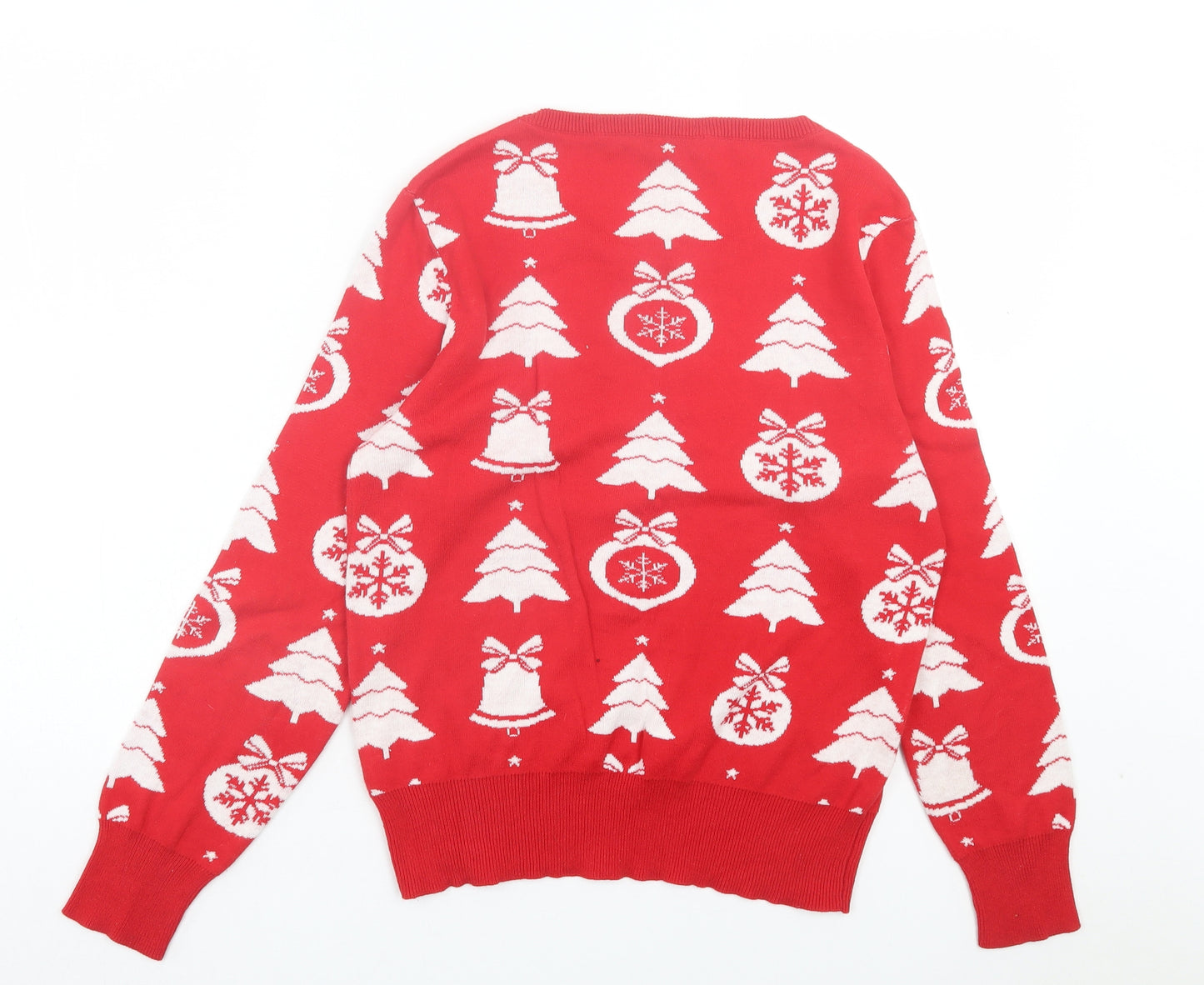 Peacocks Womens Red Crew Neck Geometric Cotton Pullover Jumper Size 12 - Christmas