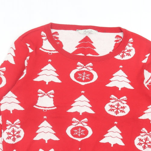 Peacocks Womens Red Crew Neck Geometric Cotton Pullover Jumper Size 12 - Christmas