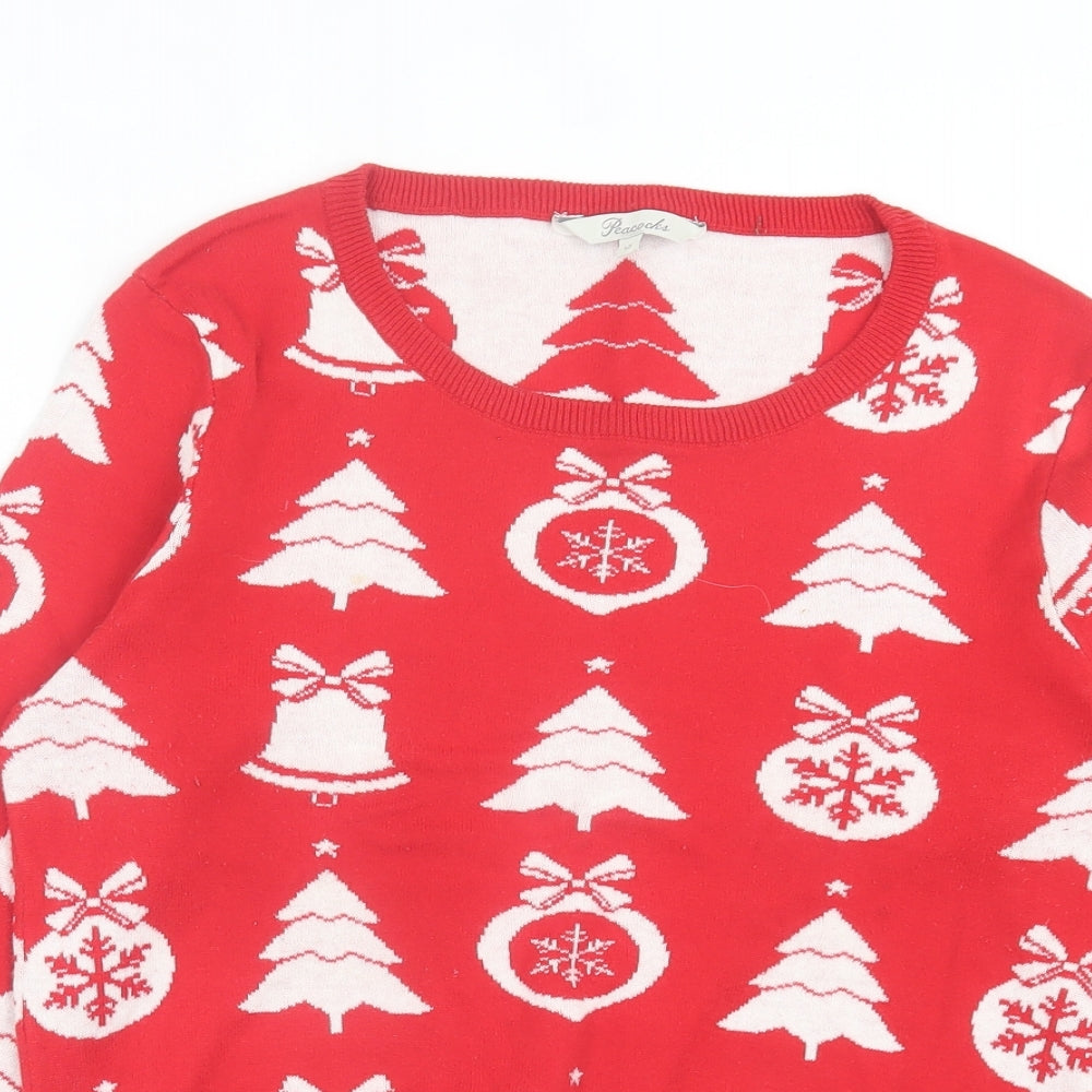 Peacocks Womens Red Crew Neck Geometric Cotton Pullover Jumper Size 12 - Christmas