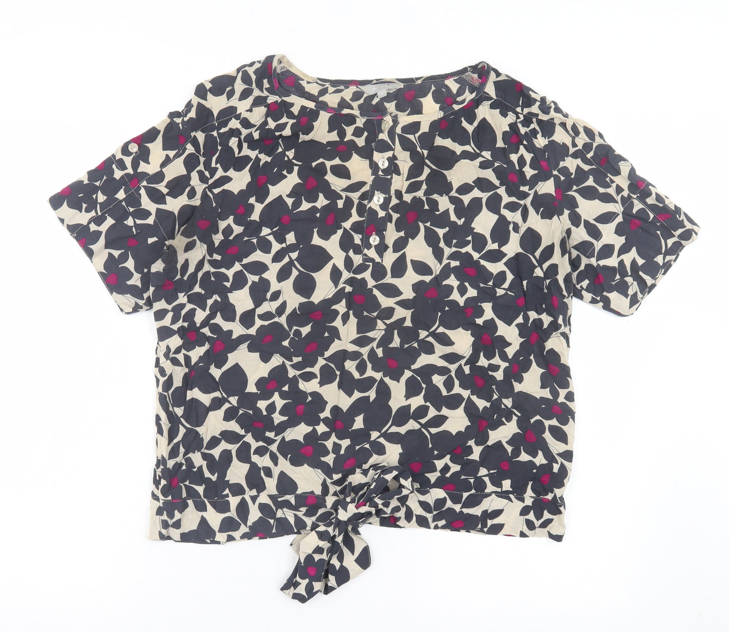 Per Una Womens Beige Floral Viscose Basic T-Shirt Size 14 Crew Neck - Tie Front