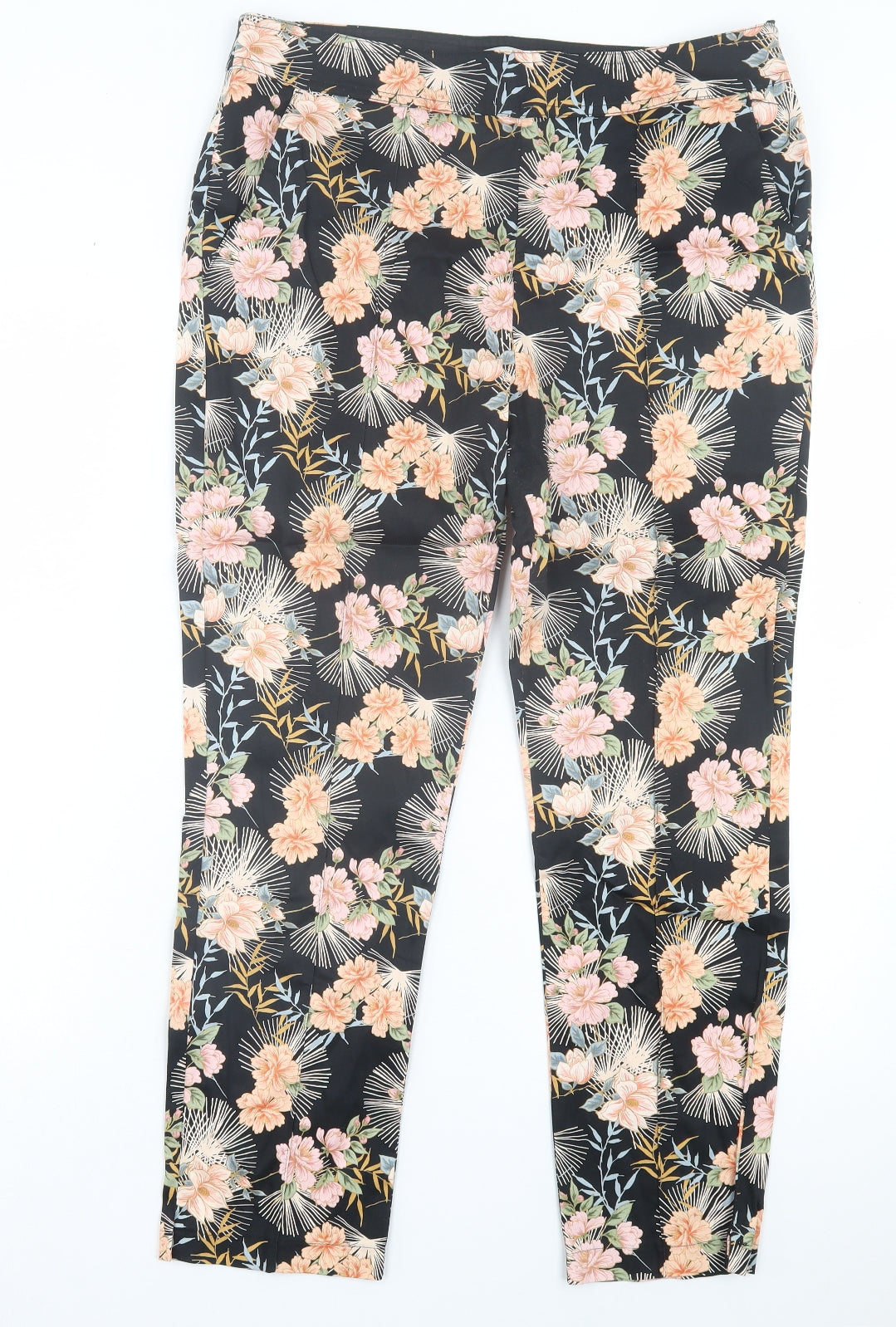 Peacocks Womens Multicoloured Floral Cotton Trousers Size 14 L27 in Regular Zip
