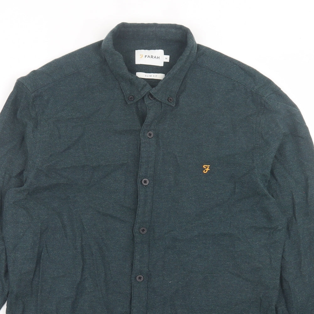 Farah Mens Green Cotton Button-Up Size M Collared Button