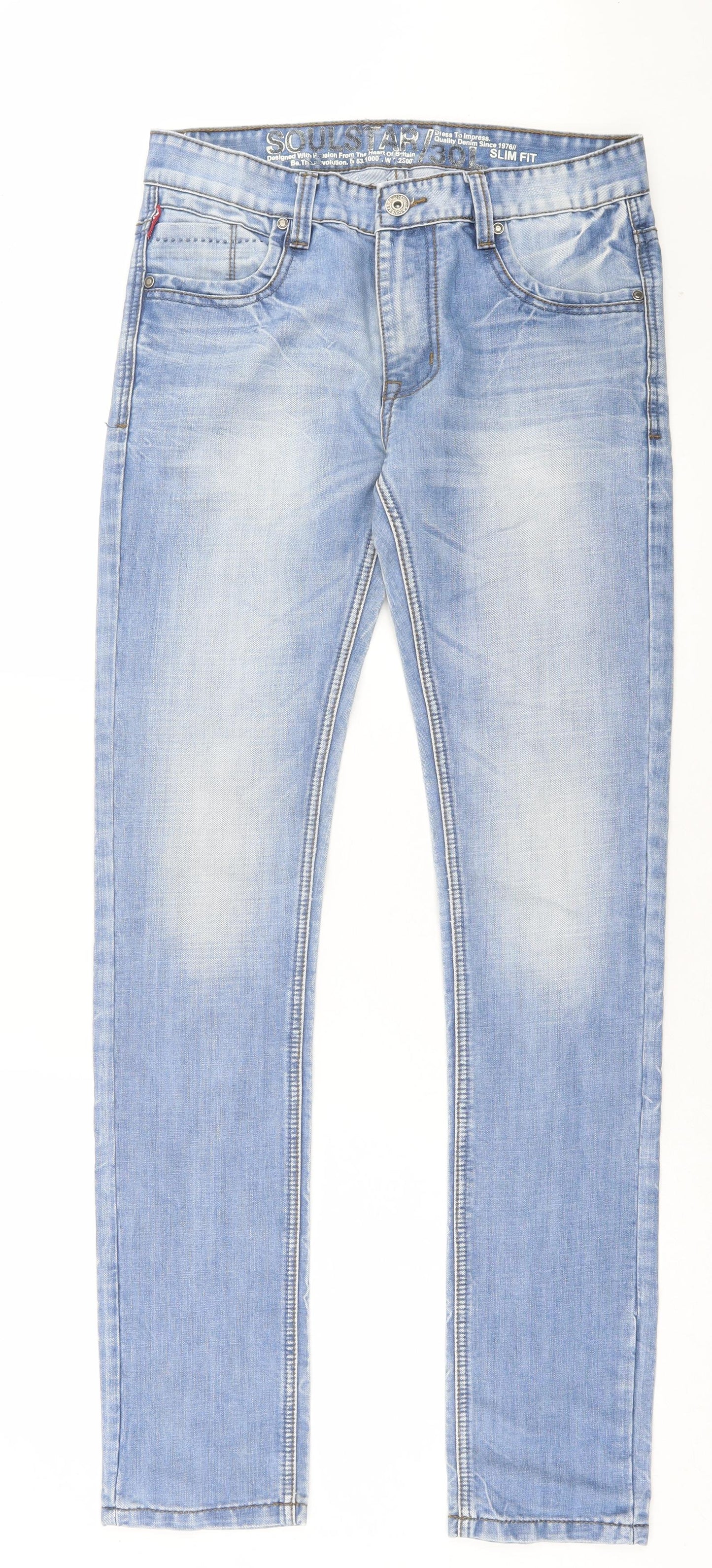 Soul Star Mens Blue Cotton Straight Jeans Size 30 in L34 in Slim Button - Long Leg