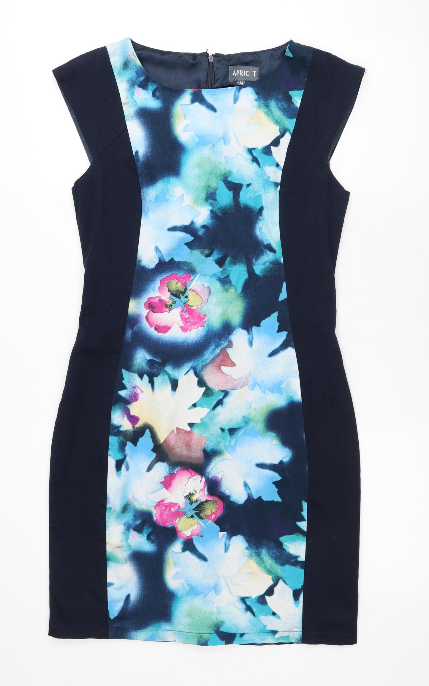 Apricot Womens Blue Floral Cotton Shift Size M Round Neck Zip