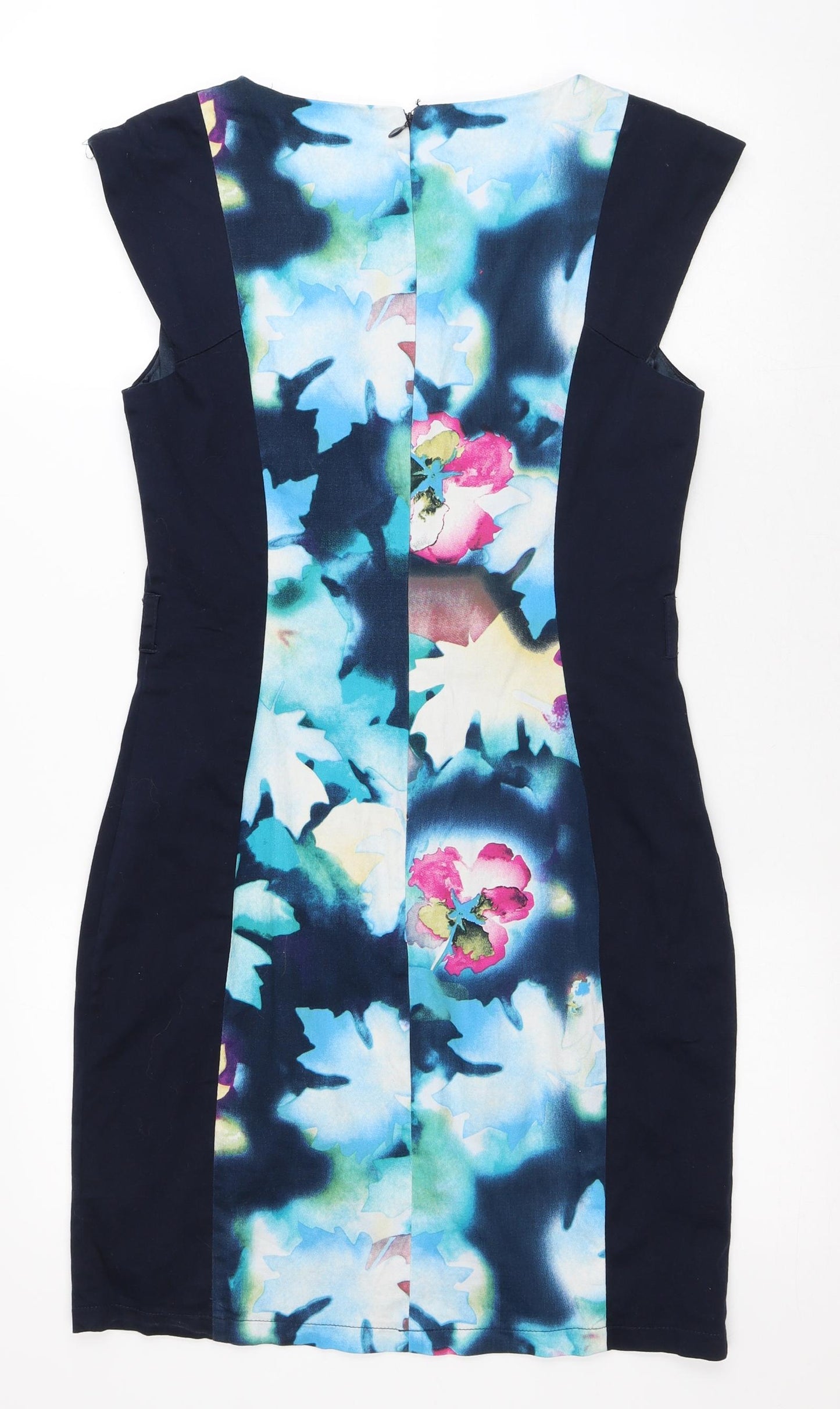 Apricot Womens Blue Floral Cotton Shift Size M Round Neck Zip