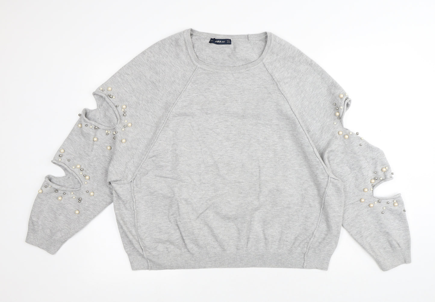Zara Womens Grey Viscose Pullover Sweatshirt Size M - Cut Out Sleeves