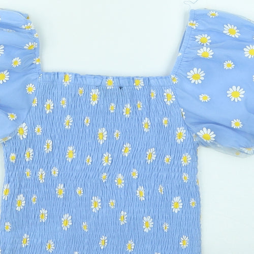 Cameo Rose Womens Blue Floral Polyimide Basic T-Shirt Size S Round Neck - Puff Sleeves