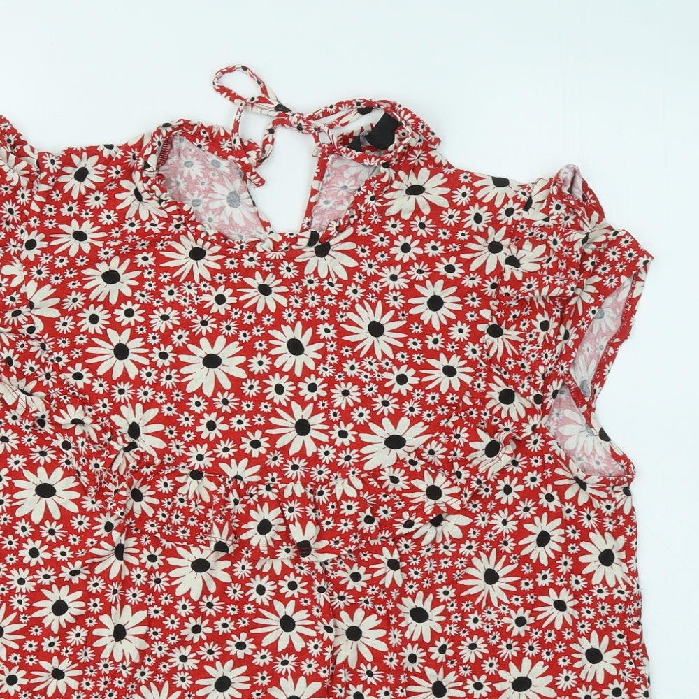 New Look Womens Red Floral Viscose Basic T-Shirt Size 18 Round Neck