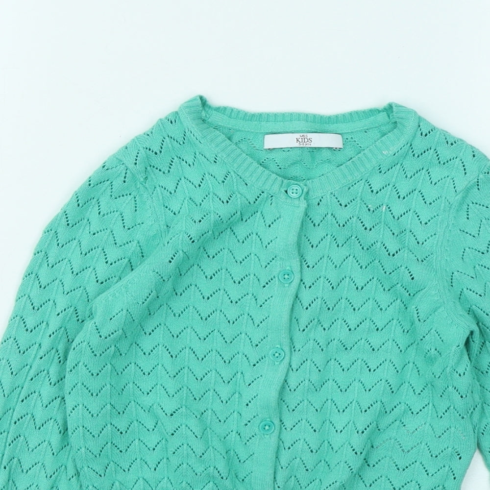 Marks and Spencer Girls Green Round Neck Cotton Cardigan Jumper Size 5-6 Years Button