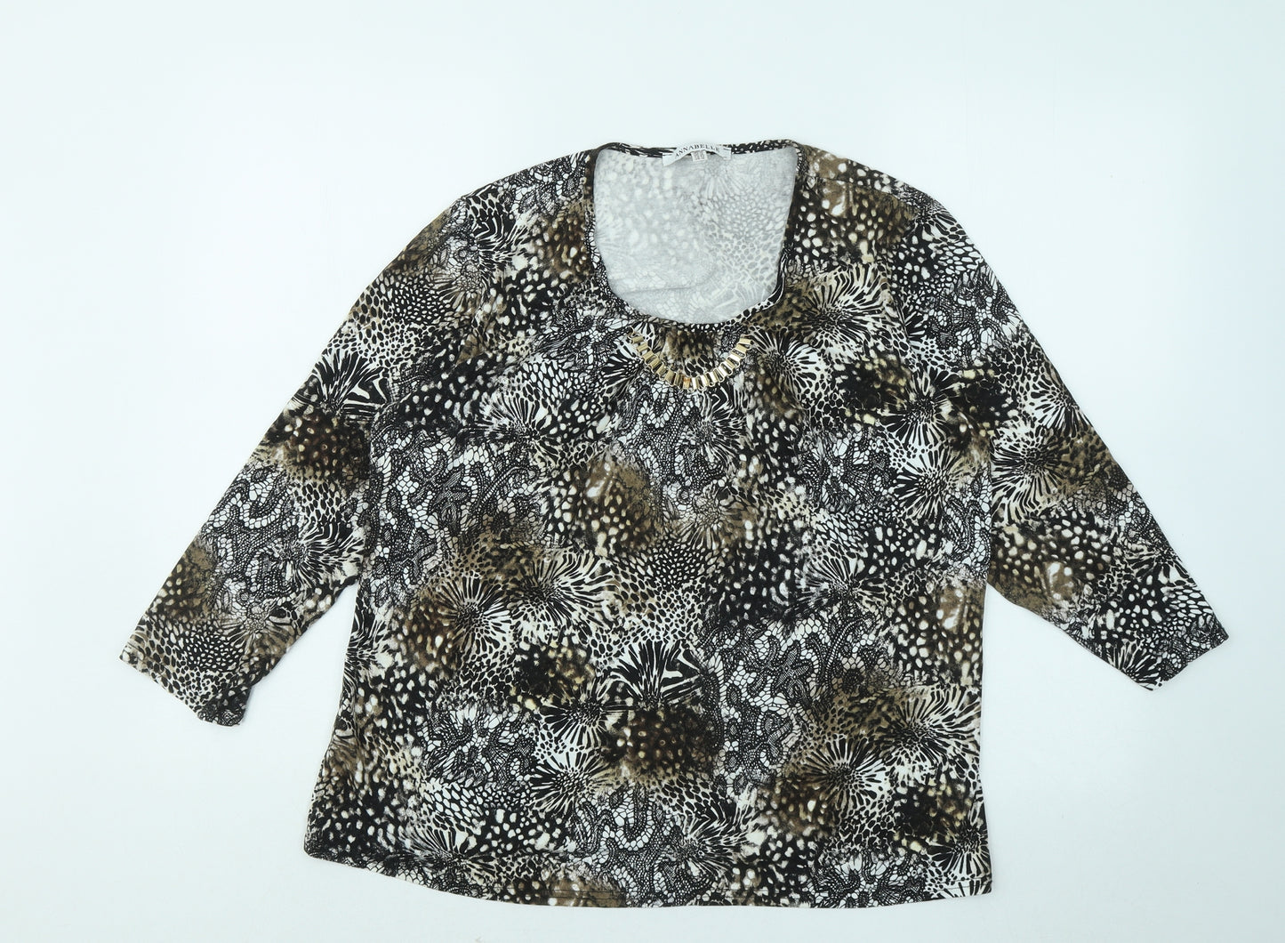 Annabelle Womens Black Floral Polyester Basic T-Shirt Size 16 Round Neck - Gold Neck Detail