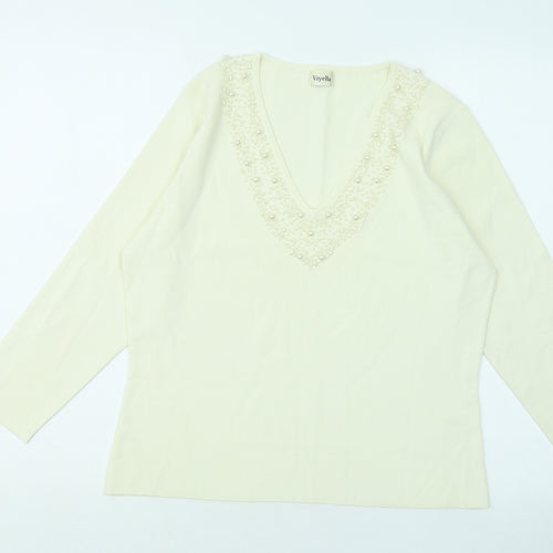 Viyella Womens Ivory V-Neck Geometric Viscose Pullover Jumper Size L