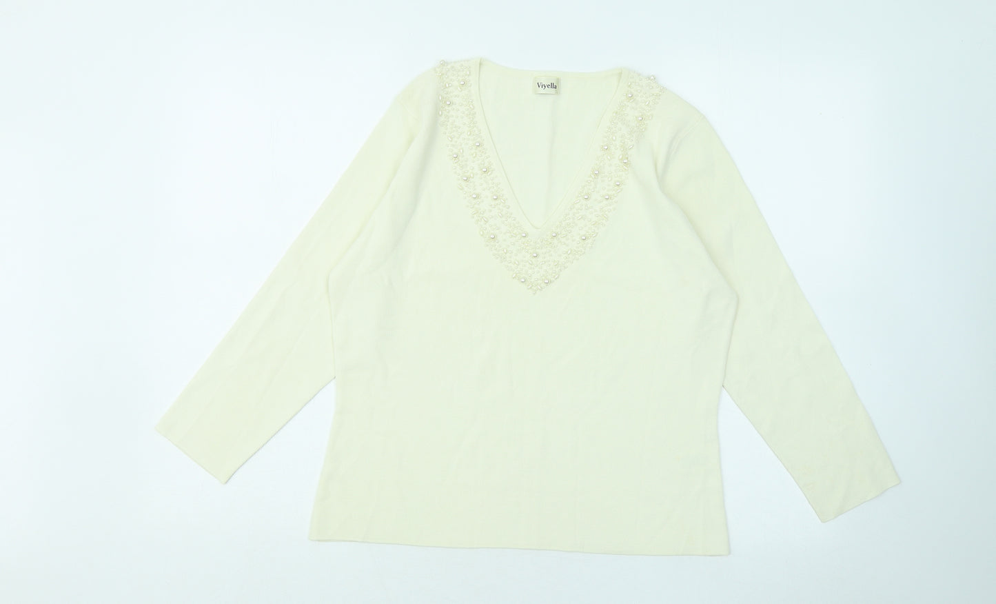 Viyella Womens Ivory V-Neck Geometric Viscose Pullover Jumper Size L