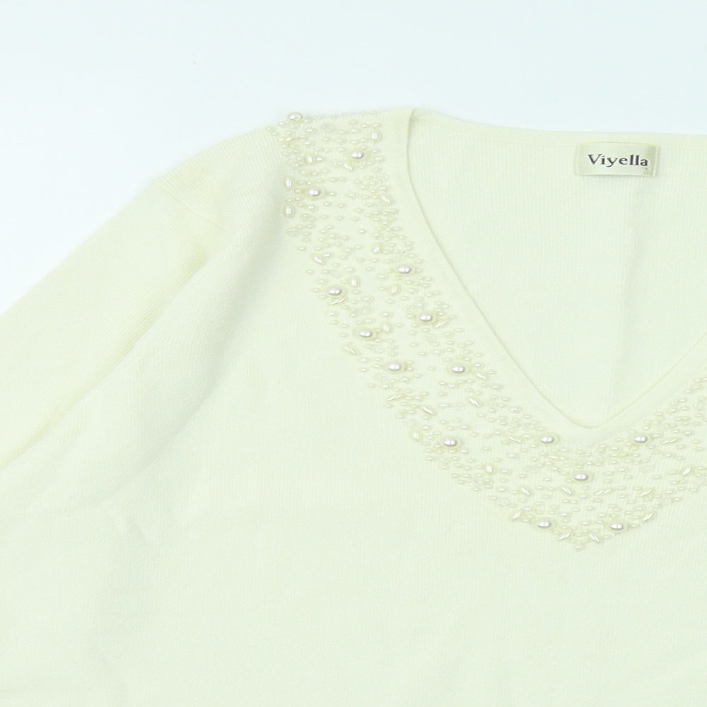 Viyella Womens Ivory V-Neck Geometric Viscose Pullover Jumper Size L