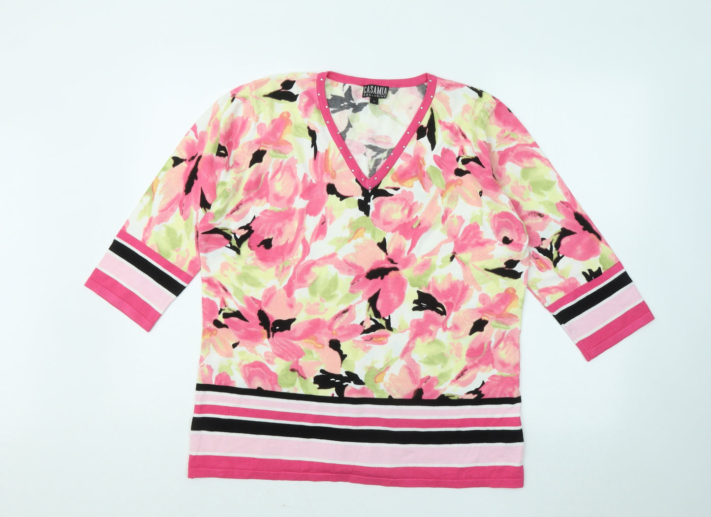 Casamia Womens Multicoloured V-Neck Floral Viscose Pullover Jumper Size L
