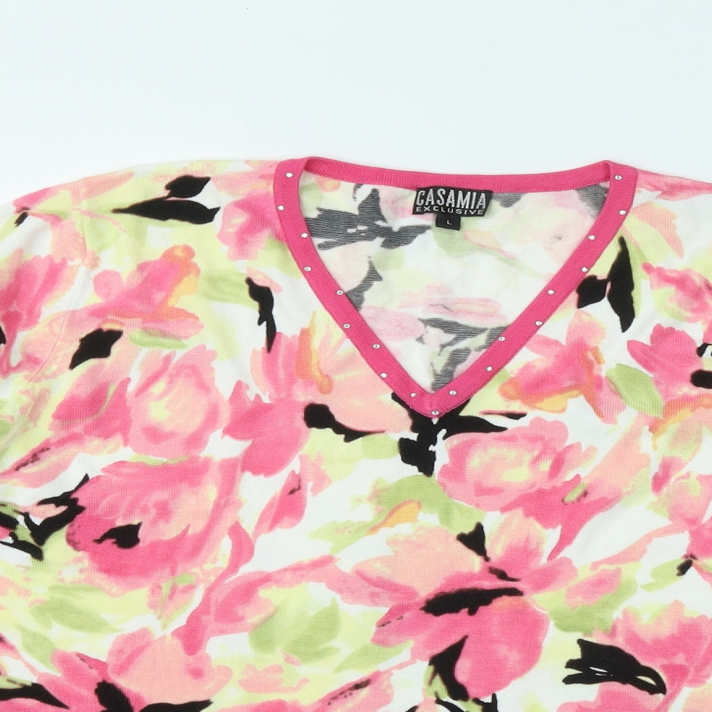 Casamia Womens Multicoloured V-Neck Floral Viscose Pullover Jumper Size L