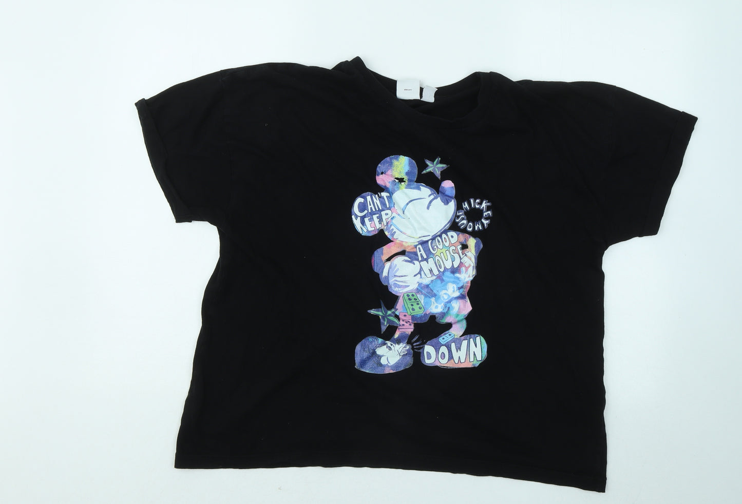 Primark Womens Black Cotton Basic T-Shirt Size 14 Round Neck - Mickey Mouse