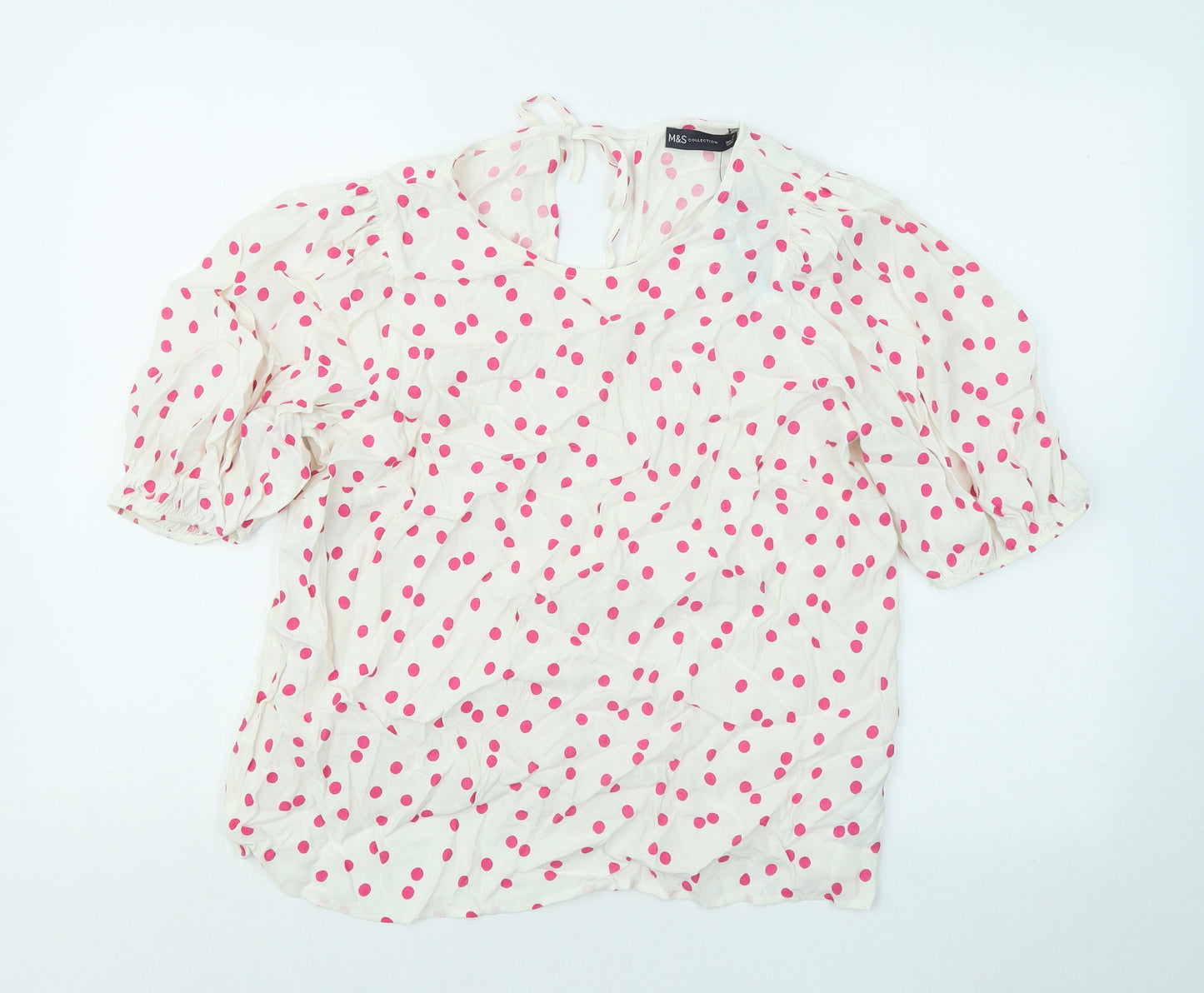 Marks and Spencer Womens White Polka Dot Viscose Basic Blouse Size 14 Round Neck - Puff Sleeve