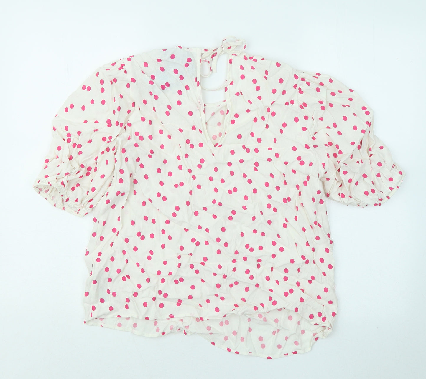 Marks and Spencer Womens White Polka Dot Viscose Basic Blouse Size 14 Round Neck - Puff Sleeve