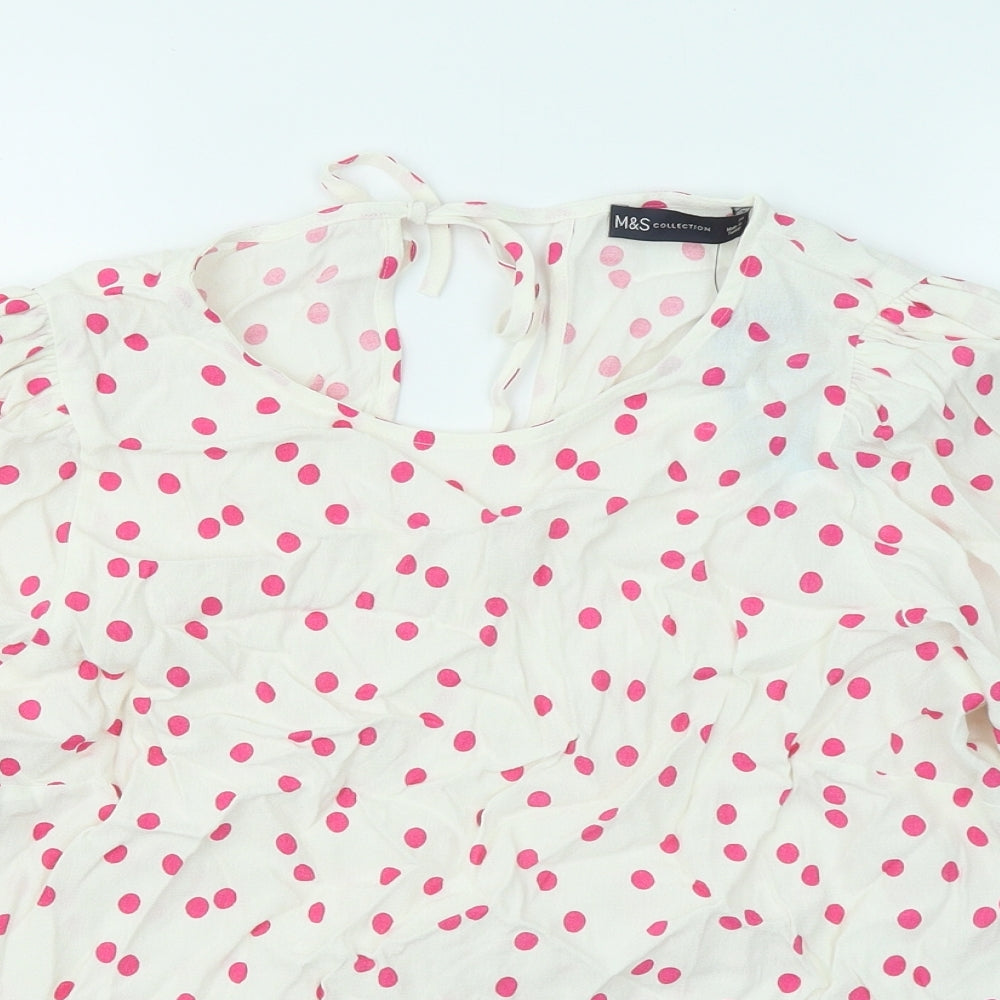 Marks and Spencer Womens White Polka Dot Viscose Basic Blouse Size 14 Round Neck - Puff Sleeve