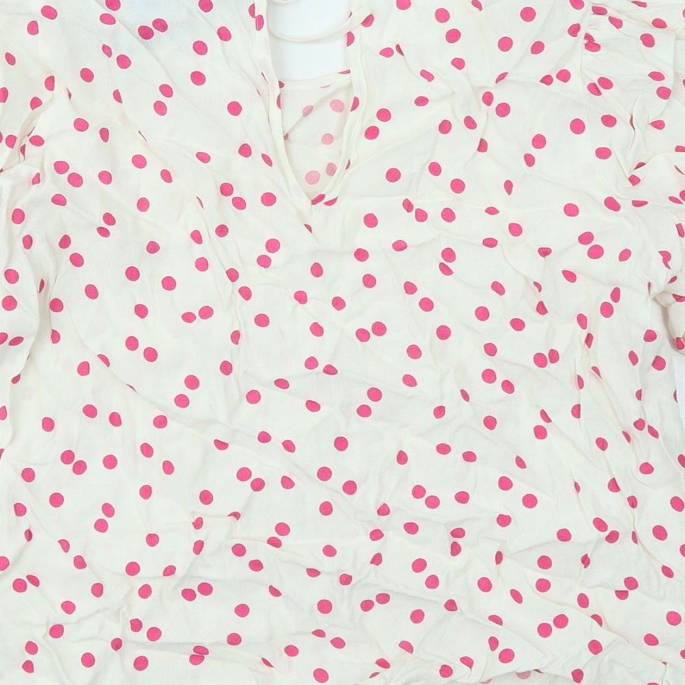 Marks and Spencer Womens White Polka Dot Viscose Basic Blouse Size 14 Round Neck - Puff Sleeve