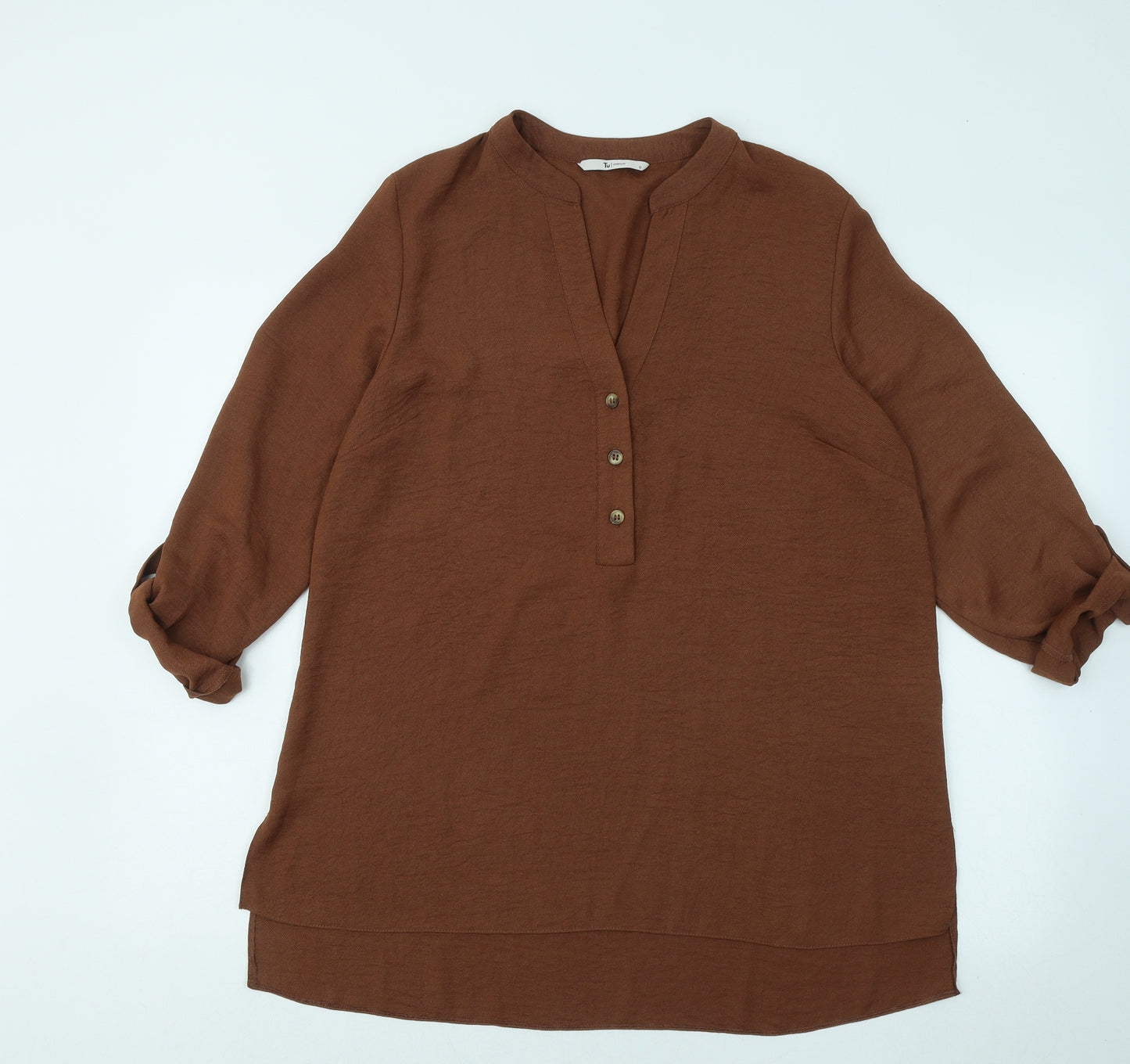 TU Womens Brown Polyester Basic Blouse Size 12 V-Neck