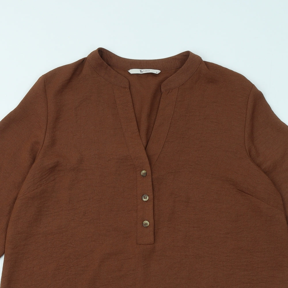TU Womens Brown Polyester Basic Blouse Size 12 V-Neck