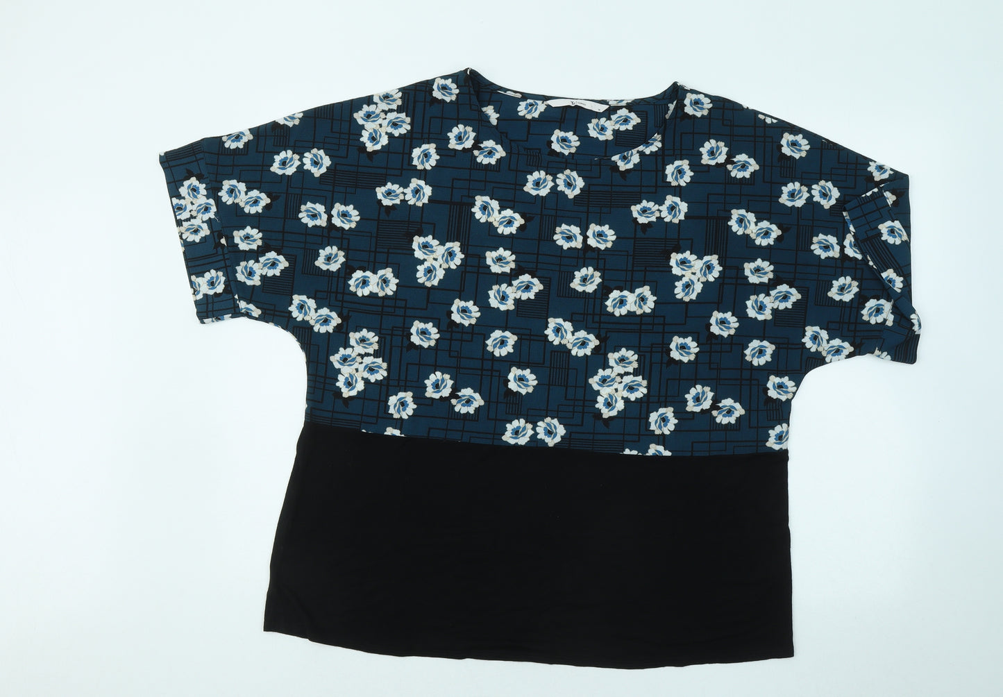 TU Womens Blue Floral Viscose Basic T-Shirt Size 14 Round Neck