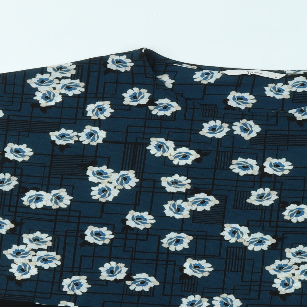 TU Womens Blue Floral Viscose Basic T-Shirt Size 14 Round Neck