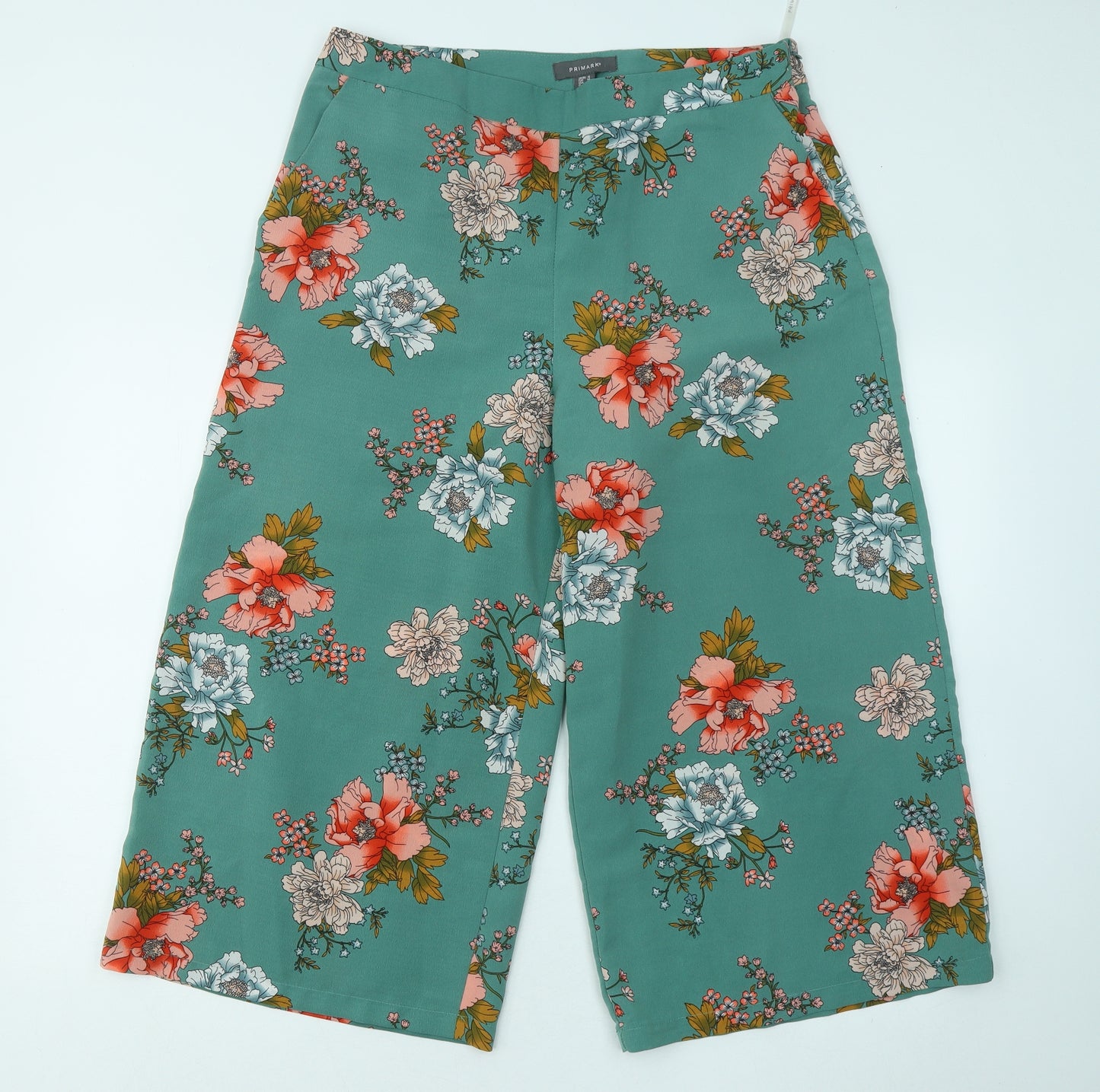 Primark Womens Green Floral Polyester Cropped Trousers Size 16 L21 in Regular