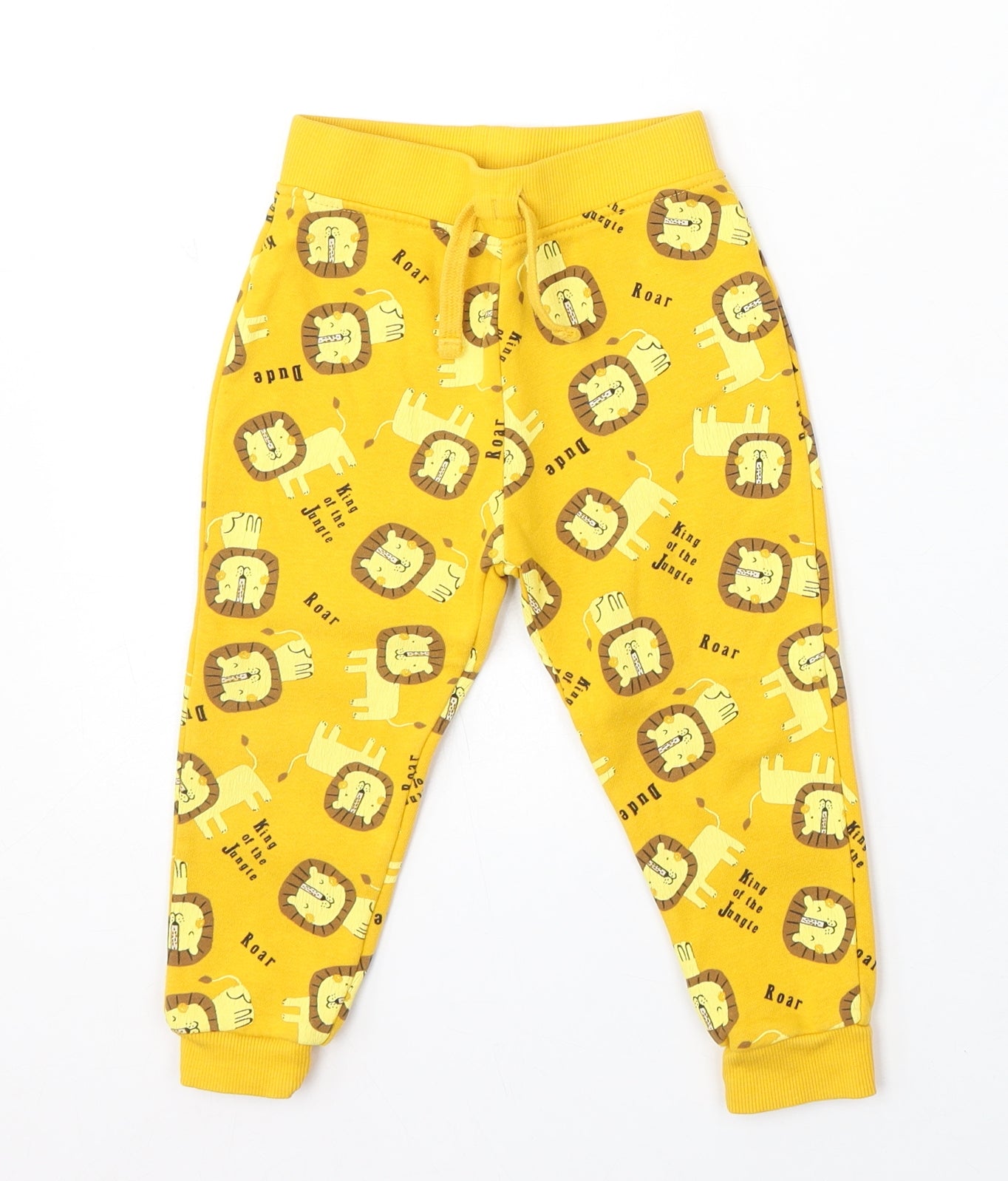 Dunnes Stores Boys Yellow Geometric Cotton Jogger Trousers Size 18-24 Months Tie - Lion Cartoon