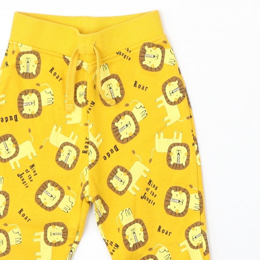 Dunnes Stores Boys Yellow Geometric Cotton Jogger Trousers Size 18-24 Months Tie - Lion Cartoon