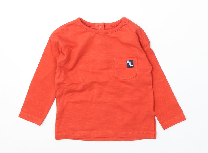 Dunnes Stores Boys Red Cotton Basic T-Shirt Size 6-9 Months Round Neck Snap - Dog Pocket Detail