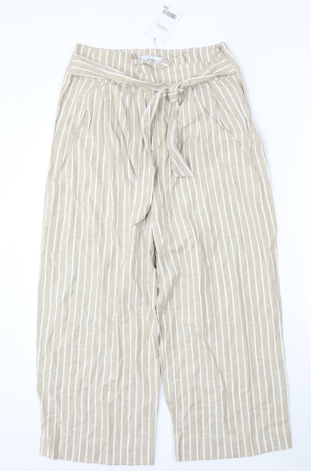 NEXT Womens Beige Striped Cotton Trousers Size 10 L24 in Regular