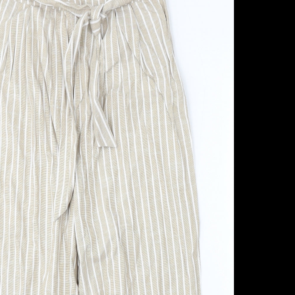 NEXT Womens Beige Striped Cotton Trousers Size 10 L24 in Regular
