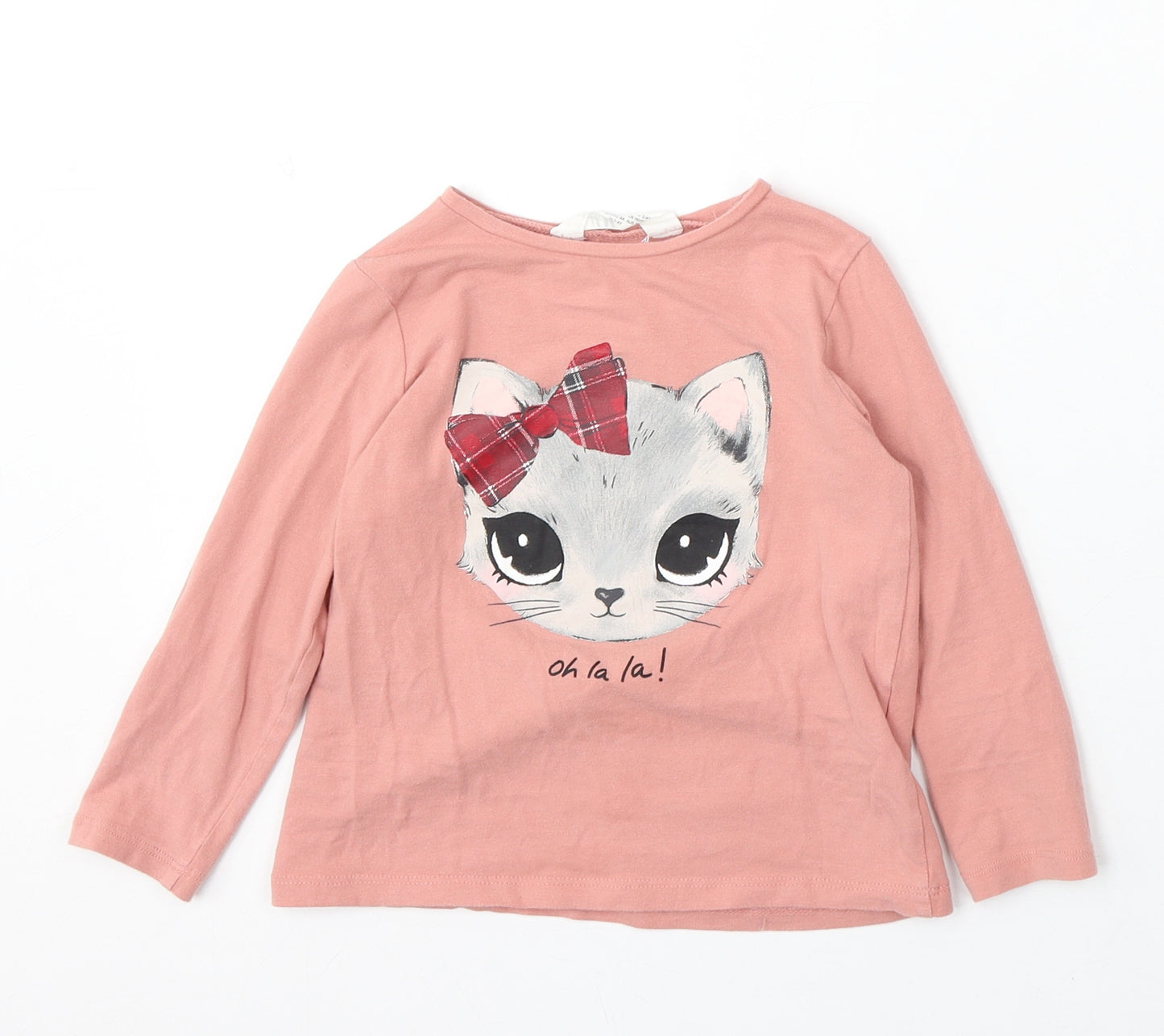 H&M Girls Pink Cotton Basic T-Shirt Size 2-3 Years Round Neck - Cute Cat