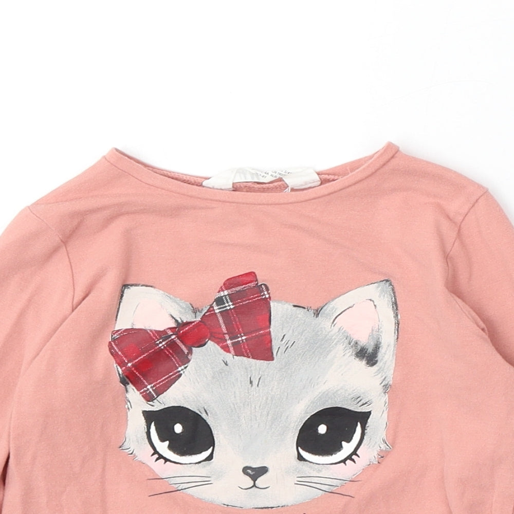 H&M Girls Pink Cotton Basic T-Shirt Size 2-3 Years Round Neck - Cute Cat