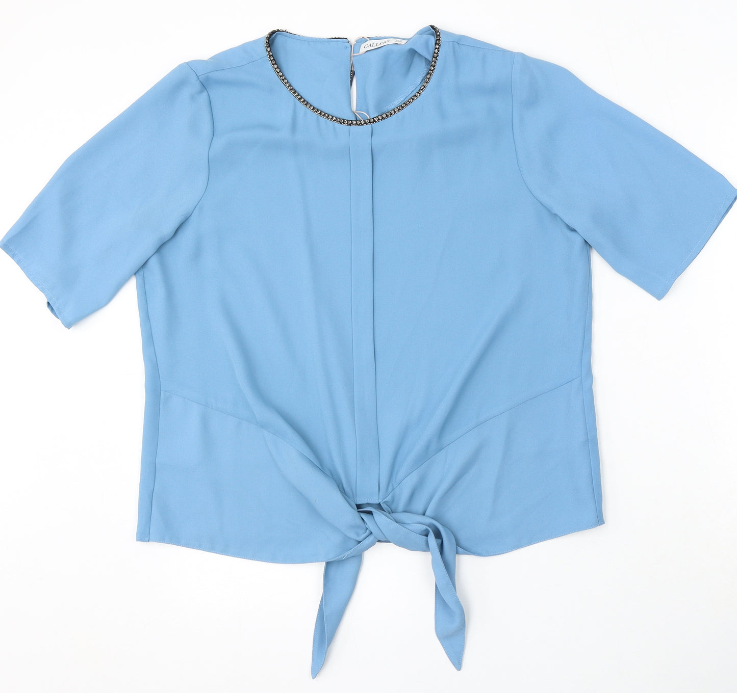 Gallery Womens Blue Polyester Basic Blouse Size 12 Round Neck - Tie Front