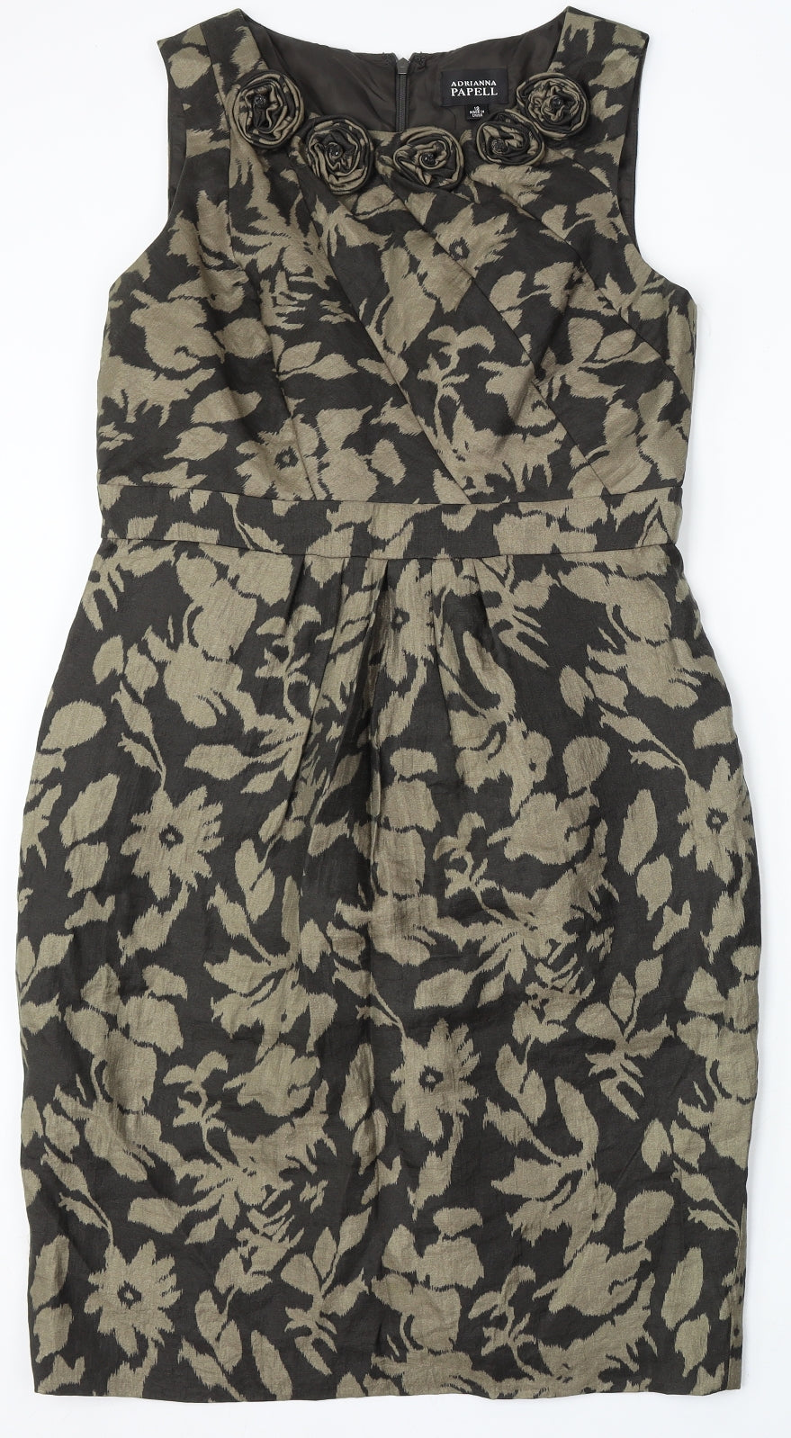 Adrianna Papell Womens Green Floral Rayon Shift Size 12 Round Neck Zip