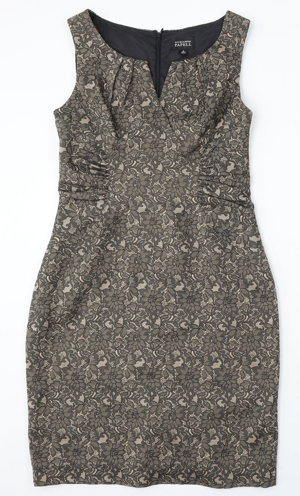 Adrianna Papell Womens Beige Floral Polyester Sheath Size 12 V-Neck Zip