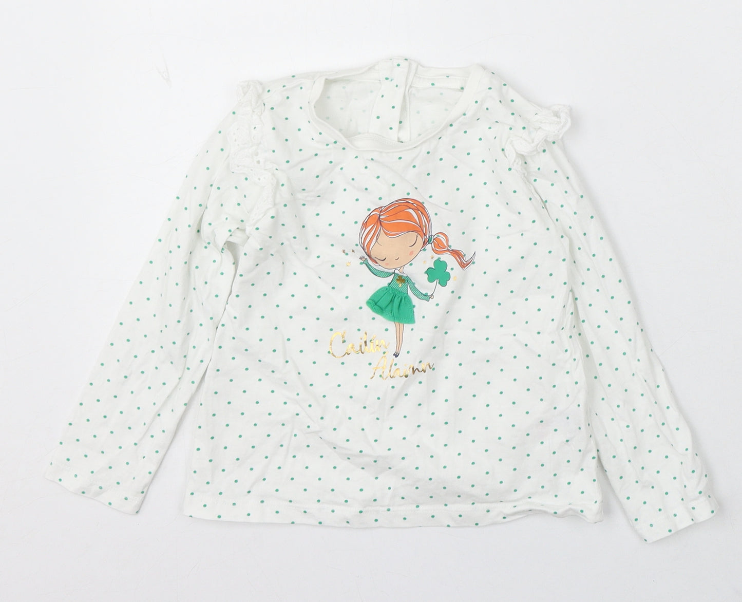 Dunnes Stores Girls White Geometric Cotton Basic T-Shirt Size 2-3 Years Round Neck - Irish Girl Cartoon