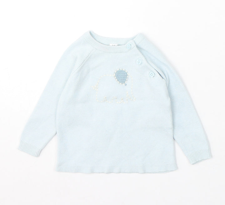 Marks and Spencer Girls Blue Viscose Pullover Jumper Size 3-6 Months Button - Elephants
