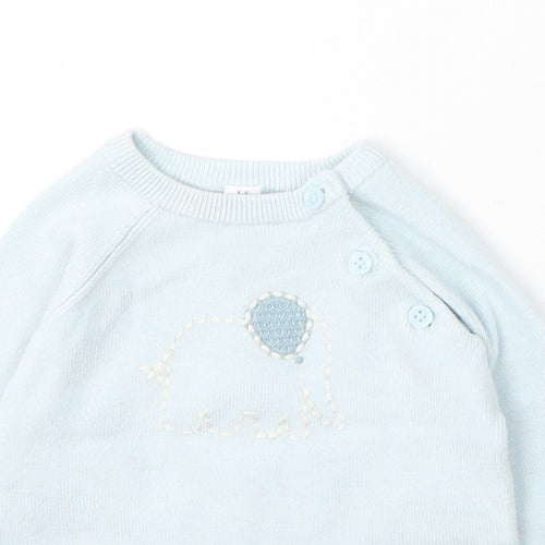 Marks and Spencer Girls Blue Viscose Pullover Jumper Size 3-6 Months Button - Elephants