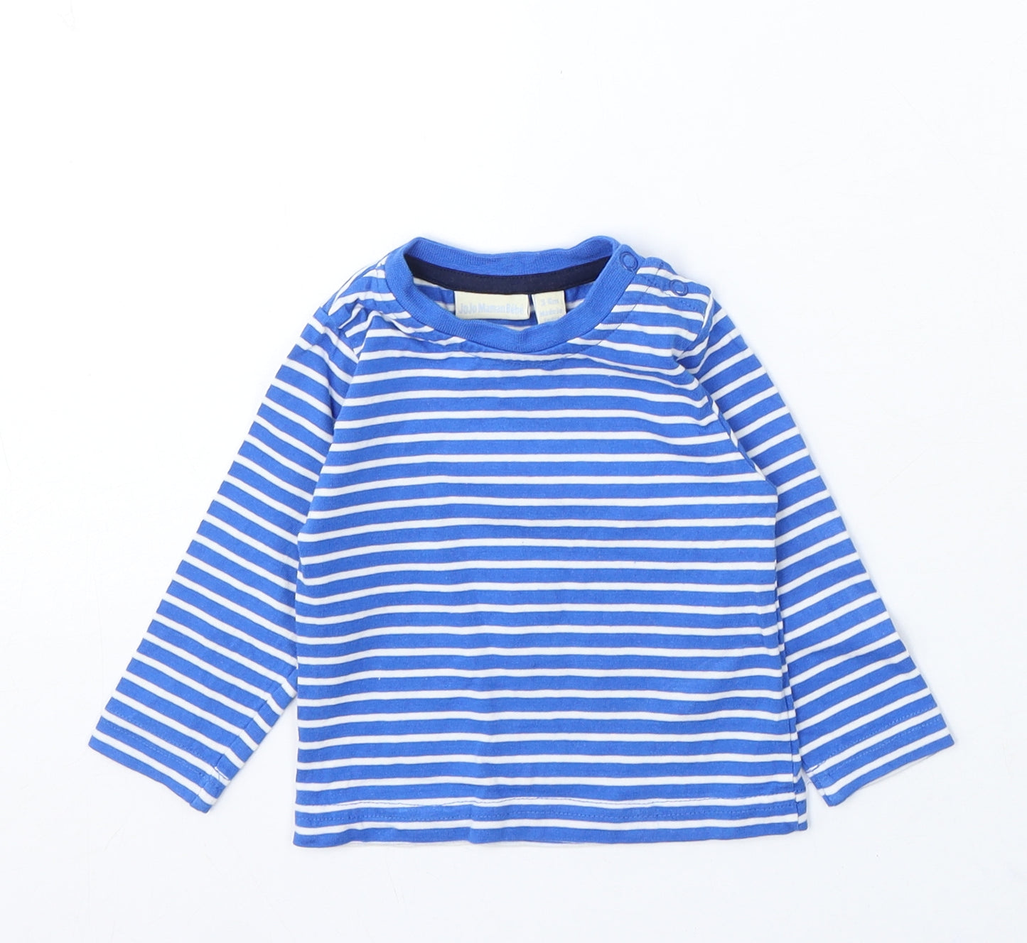 JoJo Maman Bébé Boys Blue Striped Cotton Basic T-Shirt Size 3-6 Months Round Neck Snap
