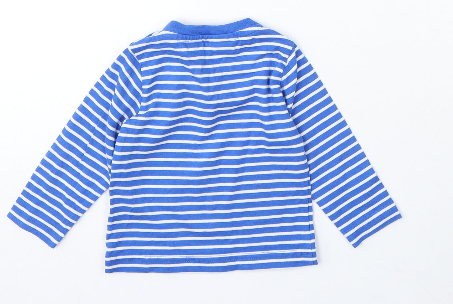 JoJo Maman Bébé Boys Blue Striped Cotton Basic T-Shirt Size 3-6 Months Round Neck Snap