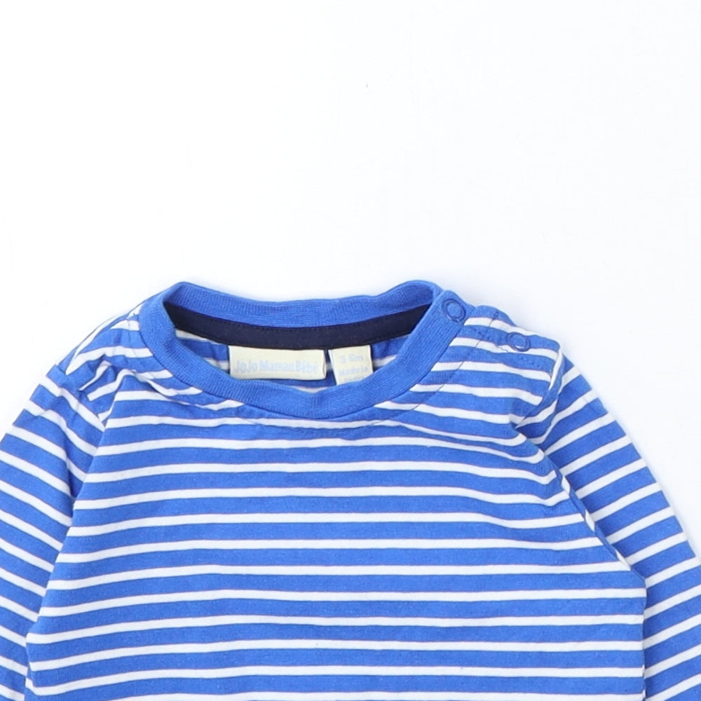 JoJo Maman Bébé Boys Blue Striped Cotton Basic T-Shirt Size 3-6 Months Round Neck Snap