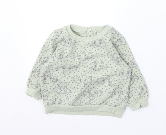 Front view of Disney Baby girls’ green geometric cotton jumper, size 3-6, months snap - the lion king