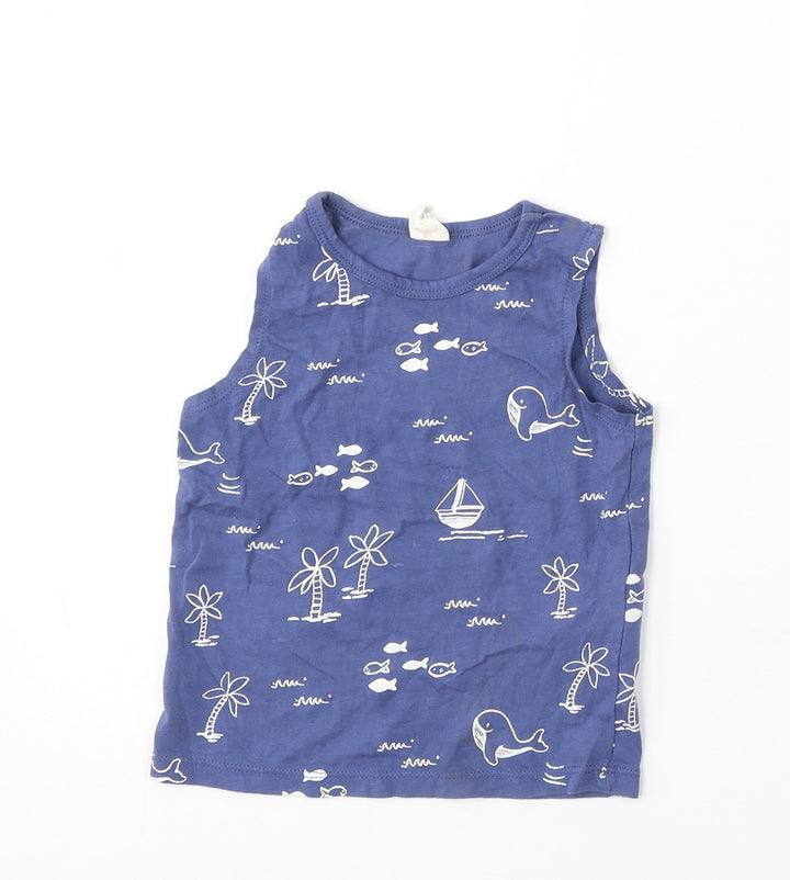 H&M Boys Blue Geometric Cotton Basic Tank Size 9-12 Months Round Neck - fish print