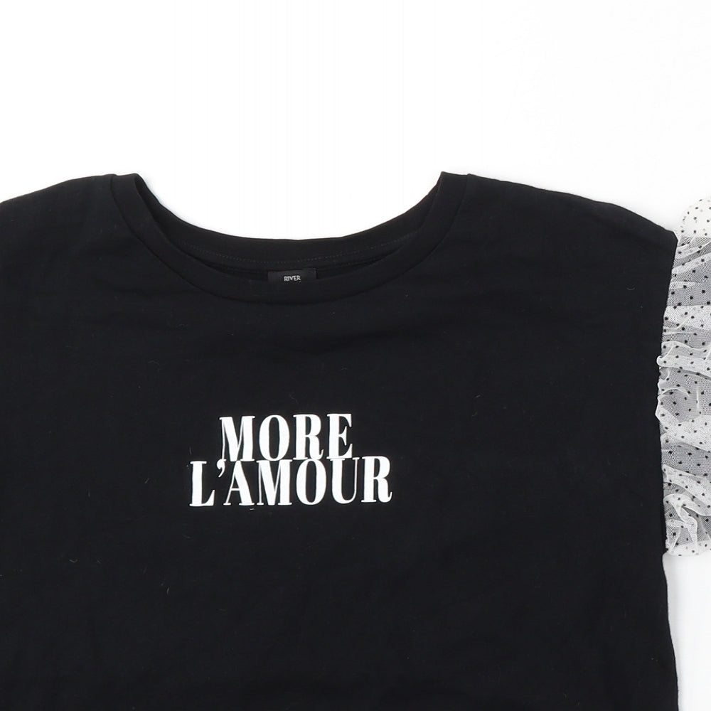 River Island Womens Black Cotton Basic T-Shirt Size 10 Round Neck - More L'Amour