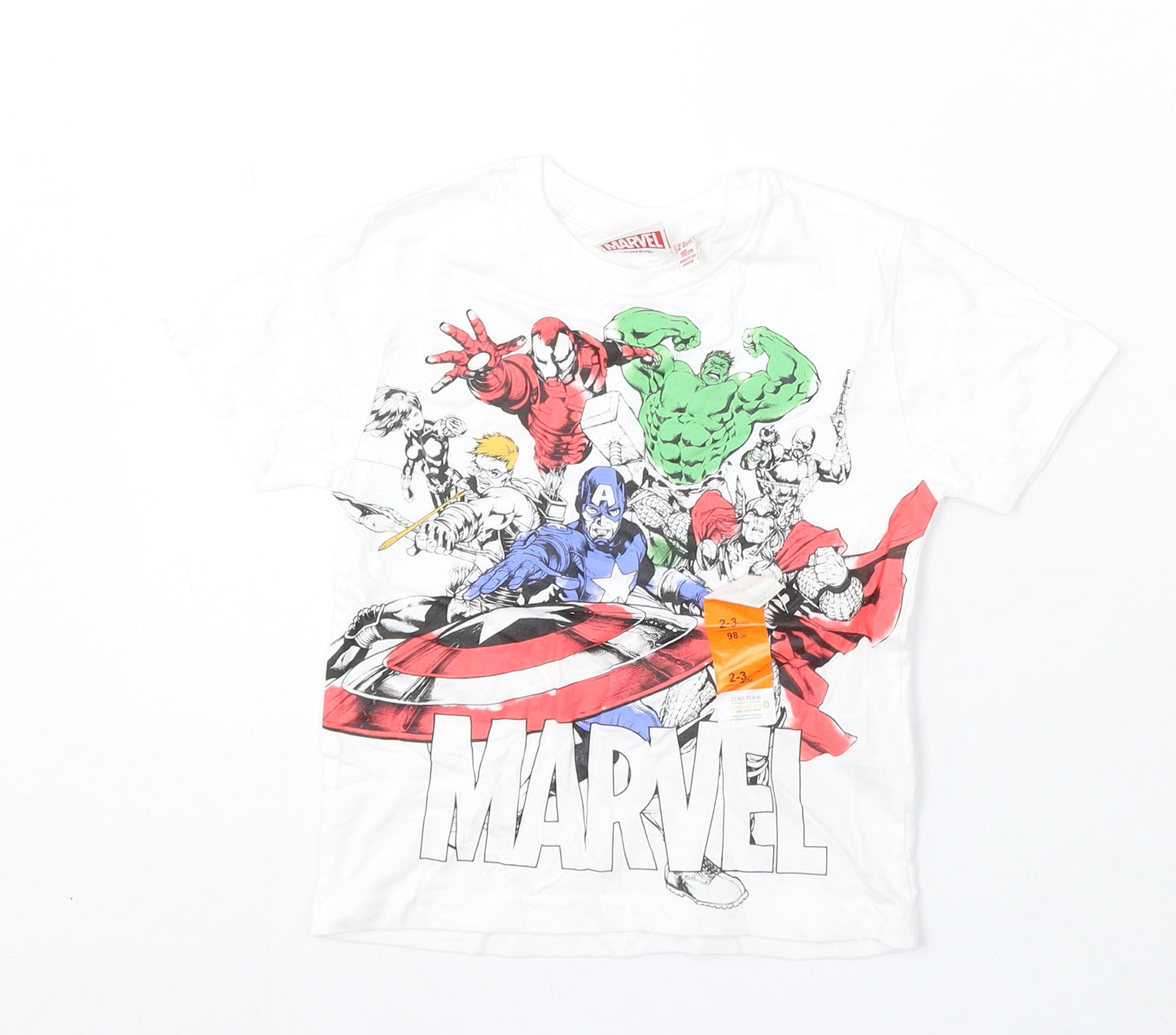 Primark Boys White Cotton Basic T-Shirt Size 2-3 Years Round Neck - Marvel Avengers