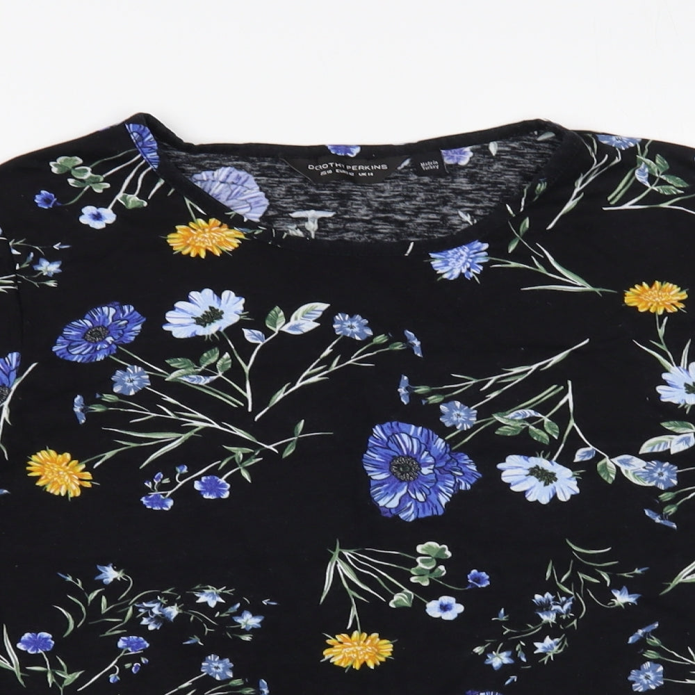 Dorothy Perkins Womens Black Floral Cotton Basic T-Shirt Size 14 Round Neck